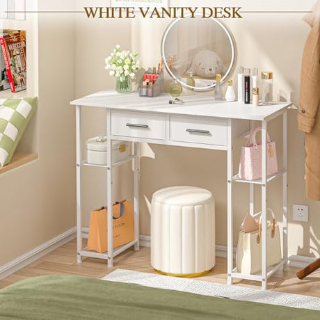 ThreeHio White Vanity Desk No Mirror, Small Makeup Table with Drawers, Girls Vanity Dressing Table with Storage Shlef for Bedroom, 37.3 Inches Compact Vanity for Small Spaces ThreeHio