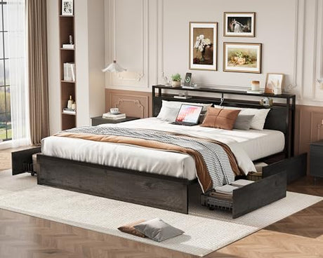 LIKIMIO King Size Bed Frame with 4 Storage Drawers, 2-Tier Storage Headboard with Charging Station, Double Bed Frame King Size for Bedroom, No Box Spring Needed, Easy Assembly, Charcoal Grey LIKIMIO
