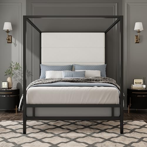 BEDGJH Queen Modern Canopy Bed Frame - Metal 4-Poster with Tall Linen Upholstered Headboard, Box Spring Required (Black,White, Queen)