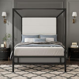 BEDGJH Queen Modern Canopy Bed Frame - Metal 4-Poster with Tall Linen Upholstered Headboard, Box Spring Required (Black,White, Queen)