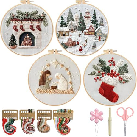 TPZBWG Christmas Embroidery Kit, 4 Pack Cross Stitch Kits,DIY Embroidery Starter Kit for Adults & Beginners, DIY Needlepoint Kit with Embroidery Hoop Thread Needle for Craft Lover Birthday Gifts 2 TPZBWG