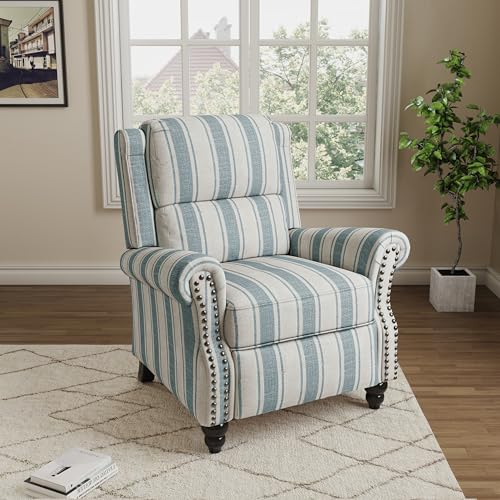 Qatiby Pushback Recliner Chair, Comfy Fabric Wingback Recliner Chair, Upholstered Armchair Push Back Recliner with Wood Legs, Rivet Trim Single Sofa Accent Chair for Living Room, Bedroom, Blue Stripe