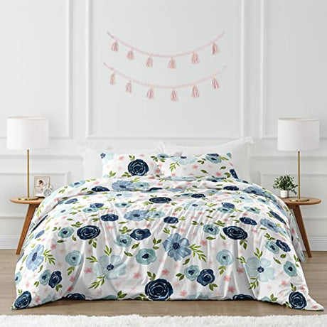 Sweet Jojo Designs Navy Blue and Pink Watercolor Floral Girl Full/Queen Size Kid Childrens Bedding Comforter Set - 3 Pieces - Blush, Green and White Shabby Chic Rose Flower Sweet Jojo Designs