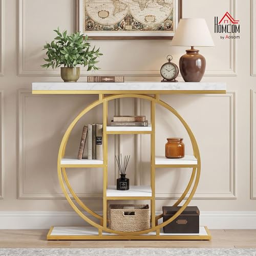 HOMCOM Entryway Table, 39.4" Console Sofa Table with Storage Shelves and Circle Steel Frame, Narrow Wood Accent Tables for Entrance, Hallway, Foyer, Living Room, White Marble Effect HOMCOM