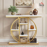 HOMCOM Entryway Table, 39.4" Console Sofa Table with Storage Shelves and Circle Steel Frame, Narrow Wood Accent Tables for Entrance, Hallway, Foyer, Living Room, White Marble Effect HOMCOM