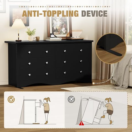 YESHOMY Dresser for Bedroom with 6 Drawers, Modern Chest of Drawers, Wooden Dressers, TV Stand for Living Room,Closet, Hallway (Black) YESHOMY