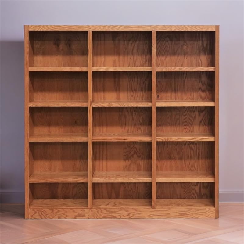 BOWERY HILL 72" Classic Triple Wide Wood Bookcase with 12 Adjustable and 3 Fixed Shelves in Dry Oak Finish BOWERY HILL