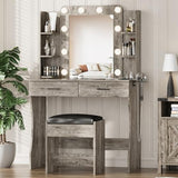 Vabches Vanity Desk with Mirror and Lights,Makeup Vanity Table with Charging Station,2 Drawer Bedroom Dressing Table with 3 Colors Modes Dimming & Cushioned Stool,Light Rustic Oak Vabches