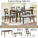 Trygoal 6-Piece Dining Table Set for 4-6 People, Kitchen Set with 4 Upholstered Chairs and One Bench, Living Room Chairs with X-Shape Backrest, Rectangular Wooden Table for Home Bar, Walnut Trygoal
