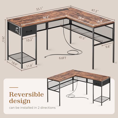 L-Shaped Rustic Brown Desk with Power Outlets and Storage Solutions - WoodArtSupply