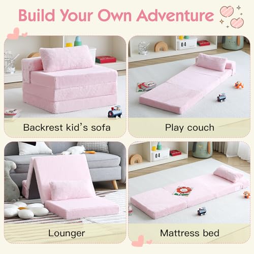 Givjoy Foldable Floor Mattress with Pillow for Kids, Toddler Washable Tri Folding Floor Nap Mat for Sleeping Daycare, Child Trifold Futon Sofa Bed with Storage Bag for Playroom Girls and Boys, Pink Givjoy