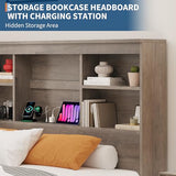 GarveeHome Full Size Bed Frame with High Storage Bookcase Headboard, Wood Bed Frame with 4 Storage Drawers, Built in Charging Station, No Box Spring Needed, Metal Frame, Noise-Free, Grey GarveeHome