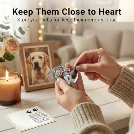 Japrex Pet Hair Keepsake, Pet Fur Memorial Keepsake with Angel Wing Paw Print Charm, Heart Glass Memory Locket for Dog Cat Fur, Pet Loss Remembrance Gift for Pet Lovers Japrex