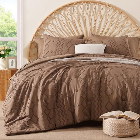 AMBERSPACE Queen Comforter Set Brown, Tufted Geometric Boho Bedding Farmhouse Bed Set, All Season 7 Pieces Bed in a Bag with Sheets, Pillowcases & Shams AMBERSPACE
