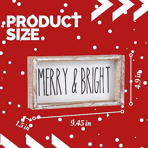 FESTWIND Farmhouse Christmas Decor, Merry and Bright Block Sign for Shelf, Mantel, Farmhouse Christmas Decorations for Home, Embossed Metal With Wood Frame FESTWIND