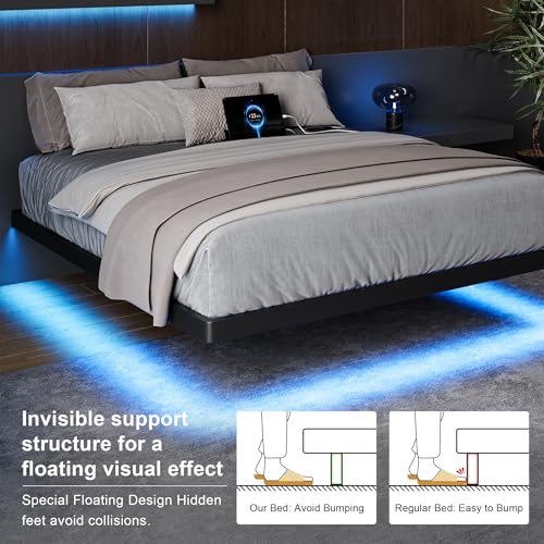 Feonase Queen Floating Bed Frame with Charging Station and Led Lights, Metal Bed Frame with Heavy Duty Steel Slats Supports, No Box Spring Needed, Easy Assembly, Noise Free, Black Feonase