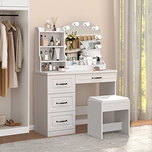 Vabches Makeup Vanity Desk with Lights and 4 Drawers, White Vanity Set Makeup Table Lots Storage, 3 Lighting Colors, Large Size 39.4in(L) Vabches
