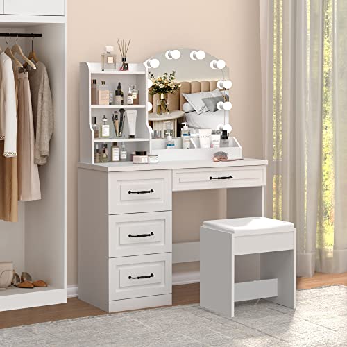 Vabches Makeup Vanity Desk with Lights and 4 Drawers, White Vanity Set Makeup Table Lots Storage, 3 Lighting Colors, Large Size 39.4in(L)