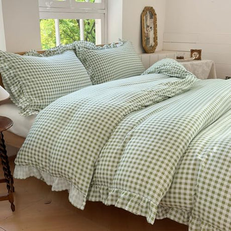 NSNLGSGC Sage Green Gingham Ruffle Duvet Cover Twin Size, 2 Pieces Soft Pre-Washed Microfiber Checked Plaid Comforter Cover Set, Vintage Farmhouse Bedding Set(Green Gingham, Twin 68"x90") NSNLGSGC