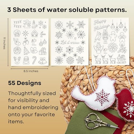 Stick and Stitch Embroidery Patterns, Holiday/Snowflake Designs, Water Soluble Embroidery Stabilizer Transfer Paper, Adult Beginner Hand Embroidery Kit for Gifts (Holiday 3 Pages) HavTerra