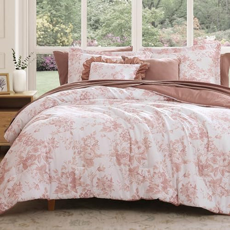 BLOOMHAVEN Full Comforter Set -7 Pieces Pink Floral Comforter Set for All Seasons, Bed in a Bag Full with Botanical Flowers Comforter, Sheets, Pillowcases & Shams BLOOMHAVEN