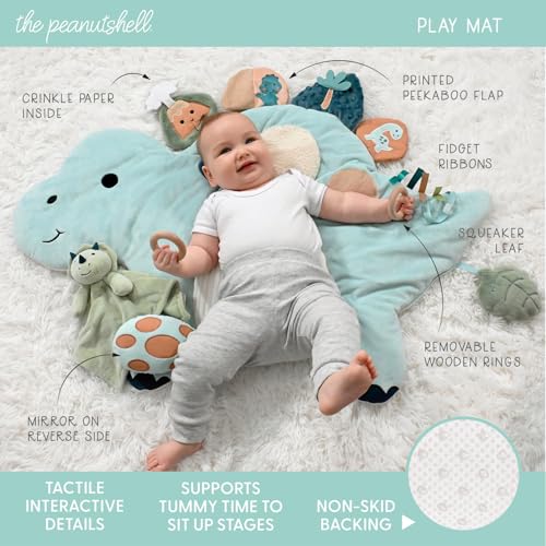 The Peanutshell 4 Piece Nursery Bundle: Crib Sheet & Dinosaur Baby Tummy Time Mat & Nursery Decor & Dino Plush Security Blanket Play Toy The Peanutshell
