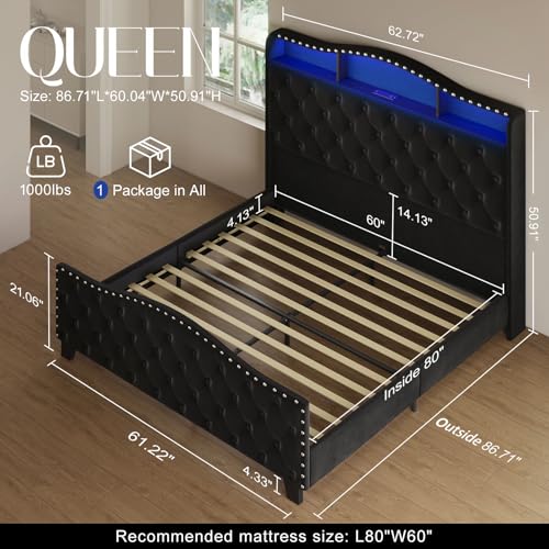 Belffin Queen Size Bed Frame and Headboard, 50.9" Velvet Upholstered Wingback Bedframe with LED Lights & Storage/Charging Station, Button Tufted Tall Footboard, No Box Spring Needed, Noise-Free, Black Belffin