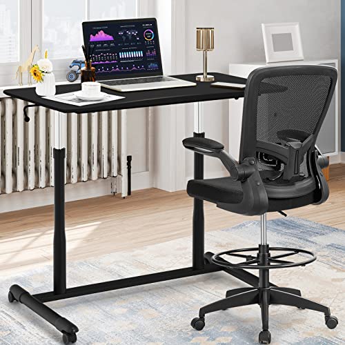 COSTWAY Mobile Height Adjustable Standing Desk, Compact Pneumatic Sit to Stand Computer Desk w/Lockable Casters, Ergonomic Rolling Laptop Table w/Steel Frame for Home Office (Black) COSTWAY