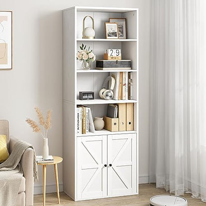 White Industrial Bookcase with Doors - 71.4in Tall Farmhouse Wooden Bookshelves by IDEALHOUSE