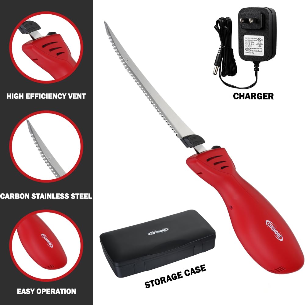Cushore Cordless Electric Knife Rechargeable with 2 Set of 8 Fully Serrated S.S. Blades, Multi Function for Turkey Knife, Portable Carry Case for Fishing, Filleting, and Outdoors (Red) Cushore