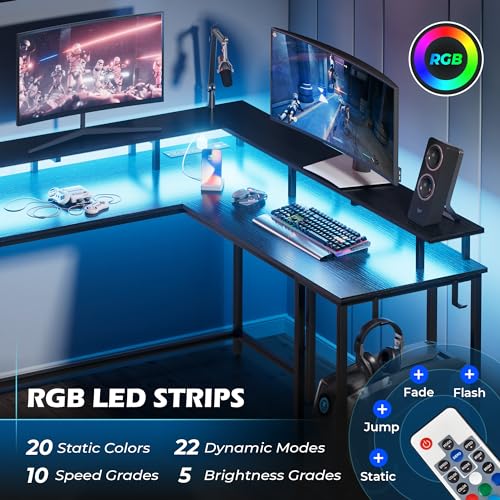 SUPERJARE Desk L Shaped Gaming Desk with LED Lights & Power Outlets, Computer Desk with Monitor Stand, Home Office Desk Corner Desk with Headphone Hooks, Black - WoodArtSupply