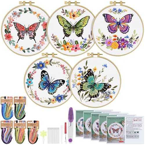 ERKOON 5 Sets Embroidery Kit for Beginners (Butterfly and Flower)
