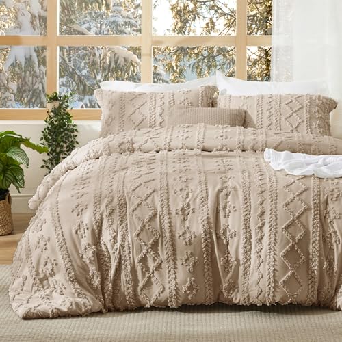 Bedsure Tufted Boho Comforter Set Full Size - Khaki Boho Bed Set, GentleSoft™ 3 Pieces Farmhouse Shabby Chic Embroidery Bedding, Gifts for Woman, Soft Jacquard Full Comforter for All Seasons Bedsure