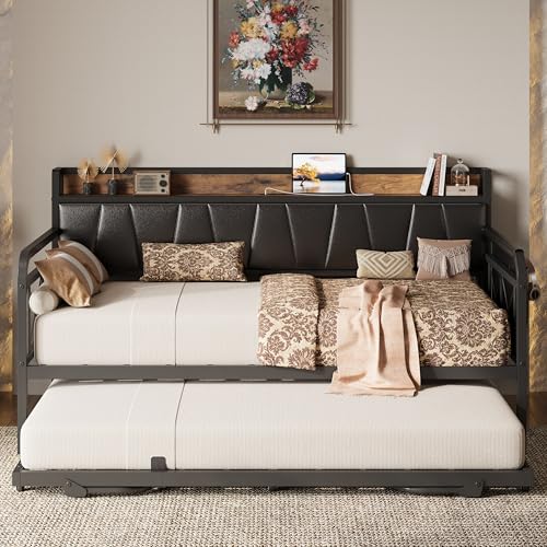 LIKIMIO Daybed with Trundle Bed, Twin Bed Frame with Storage Headboard and Charging Station, Sofa Day Bed with Strong Supports for Living Room, Bedroom, and Guest Room, Black LIKIMIO
