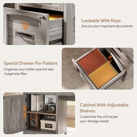 Decofy Farmhouse Executive Desk with Drawers, 55" Home Office Desks with Fast Charging Station, Lockable File Cabinet, Wood Writing Computer Desk for Work, Study, Grey Decofy