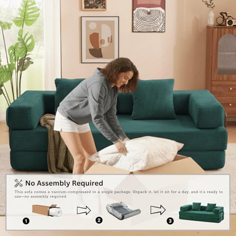 Alpen 77" Futon Sofa, Floor Foldable Sofa Couch Bed Queen with L-Shaped Armrests, Futon Bed with Mattress Included, Fold Out Comfy Lounge for Living Room Bedroom, Dark Green Alpen