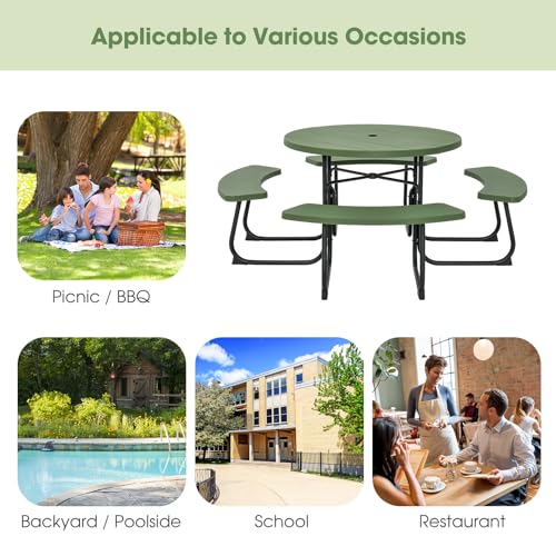 Giantex Picnic Table Set for Up to 8 Persons, Round Outdoor Table and Bench Set with Umbrella Hole, HDPE Top & Metal Frame, 2000LBS Capacity, Patio Table Bench Set for Deck Backyard Garden (Green) Giantex