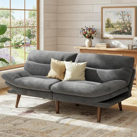 Marsail 66.1" Futon Sofa Bed, Corduroy Convertible Futon Couch with Adjustable Backrest & Armrests, Small Sleeper Sofa Loveseat for Small Apartments, Study Room, Office, Grey Marsail