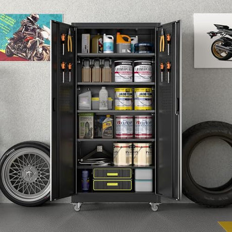 JAORD Garage Storage Cabinet with Wheels and Pegboard, Lockable Metal Storage Cabinet with 5 Adjustable Shelves and 4 Hooks for Garage,Warehouse, Assembly Required, Black, 71" H x 34" W x 18" D JAORD