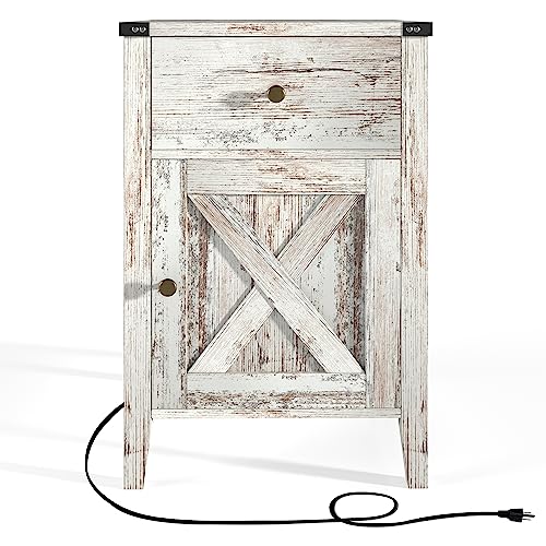 Betterhood Rustic White-Wash Nightstand - Distressed Wood Side Table with USB Charging Station, Perfect for Bedroom & Living Room, Barnwood and Farmhouse Style - WoodArtSupply