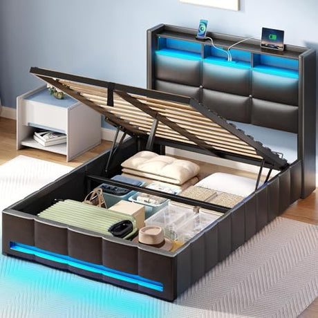Rolanstar Bed Frame Twin Size with Lift Up Storage, Charging Station & LED Lights, Upholstered Storage Headboard, Heavy Duty Wooden Slats, No Box Spring Needed, Noise Free, Easy Assembly, Black Rolanstar