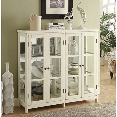 BOWERY HILL 4 Door Glass Display Curio China Accent Cabinet in Antique White BOWERY HILL