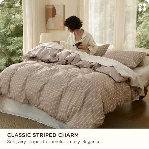 Bedsure Striped Duvet Cover King Size,100% Washed Cotton Duvet Cover Linen Like Textured, Classic Striped Pattern Enhances Bedroom Comfort and Style, Stripes Tan/White, 104"x90" Bedsure