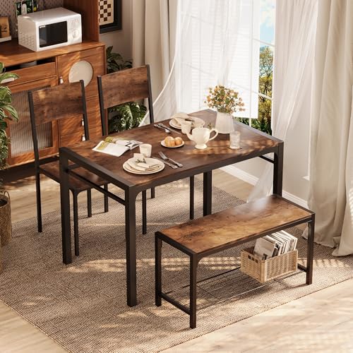 Shahoo Kitchen Table and 2 Chairs for 4 with Bench, 4 Piece Dining Sets for Small Space, Rustic Brown Shahoo