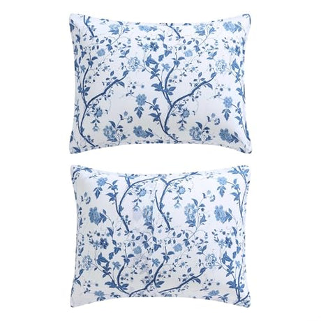 Laura Ashley - King Comforter Set, Reversible Cotton Bedding, Includes Matching Shams with Bonus Euro Shams & Throw Pills (Elise Blue, King) Laura Ashley