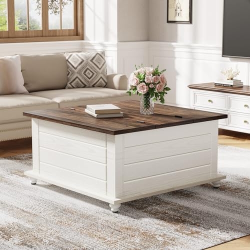 Tribesigns Farmhouse Coffee Table with Storage, Wood Square Coffee Table with Large Hidden Storage Compartment, Rustic Center Table for Living Room, Brown & Warm White - WoodArtSupply