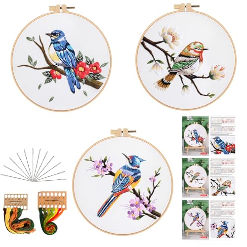 GLTAYLMY 3 Sets Embroidery Kit for Beginners Needlepoint Cross Stitch Kits for Adults,Stitch Learning DIY Kit with Easy Instruction,Stamped Bird Embroidery Patterns,Hoop,Threads,Sewing Hobby
