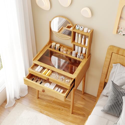 CHARMAID Small Vanity Desk with Mirror, Glass Top Bamboo Makeup Vanity Table with Storage Drawers & Shelves, Tabletop Groove, Rotatable Mirror, Compact Dressing Table for Bedroom Small Spaces, 23.5"W CHARMAID