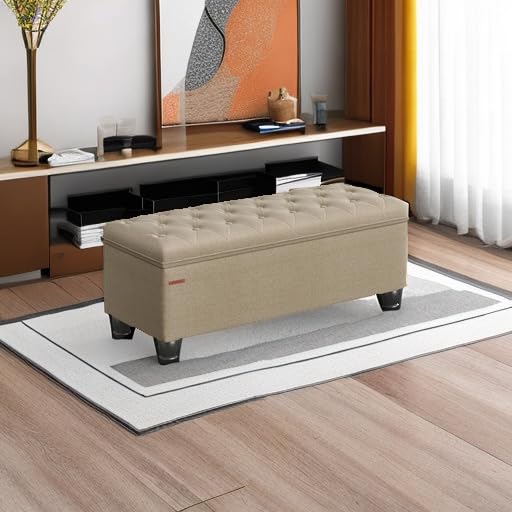 SONGMICS Storage Ottoman, Storage Bench, Tufted Entryway Bedroom Bench, 17.7 x 46.5 x 17.7 Inches, Hinges Easy Lid Operation, Wooden Legs, Linen-Look Cover, Loads 330 lb, Camel Brown ULOM070K01 SONGMICS
