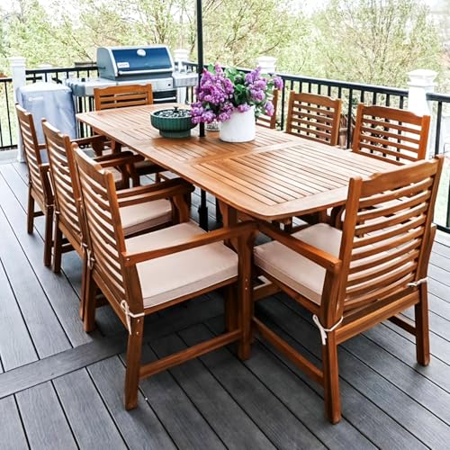 PHI VILLA 9 Pieces Acacia Wood Patio Dining Set for 8, Expandable Teak Dining Table & Wooden Chairs with Cushions, Farmhouse Dining Furniture Set for Outdoor Deck, Yard, Porch - WoodArtSupply